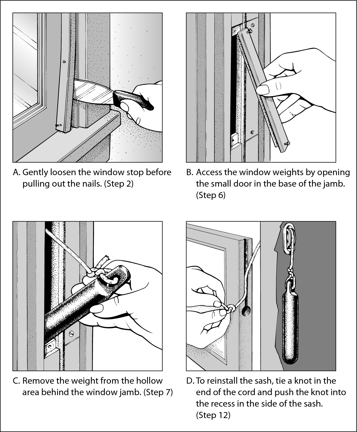 Figure 2-3: Replacing a damaged sash cord in a double-hung window.